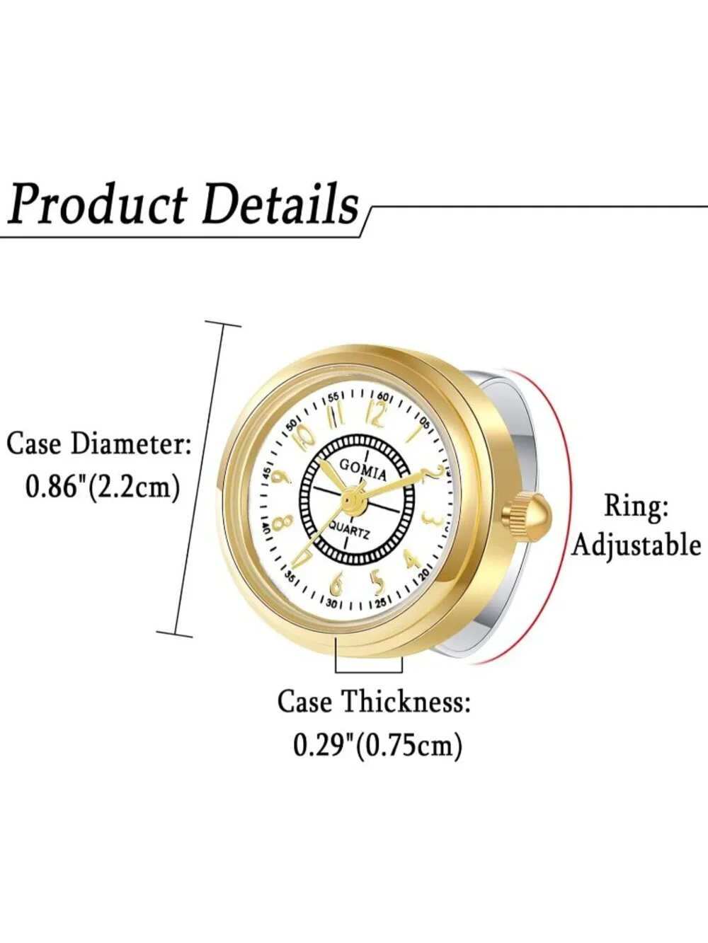 Unisex Gold Quartz Dial Roman Numeral Adjustable Open Band Finger Ring Watch